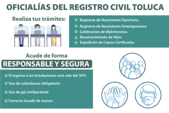 Oficialías del Registro Civil de Toluca reabren con medidas sanitarias