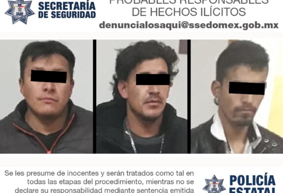 Aprehenden policías estatales a tres sujetos  probablemente relacionados en robo con violencia en Almoloya, Zinacantepec y Toluca