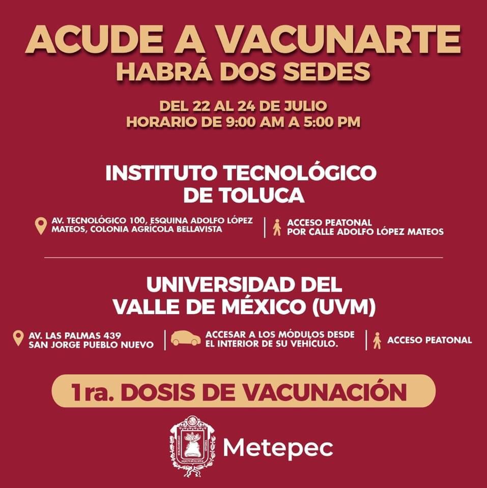 En Metepec toca el turno de vacunación contra covid-19 a las personas de 30 a 39 años de edad