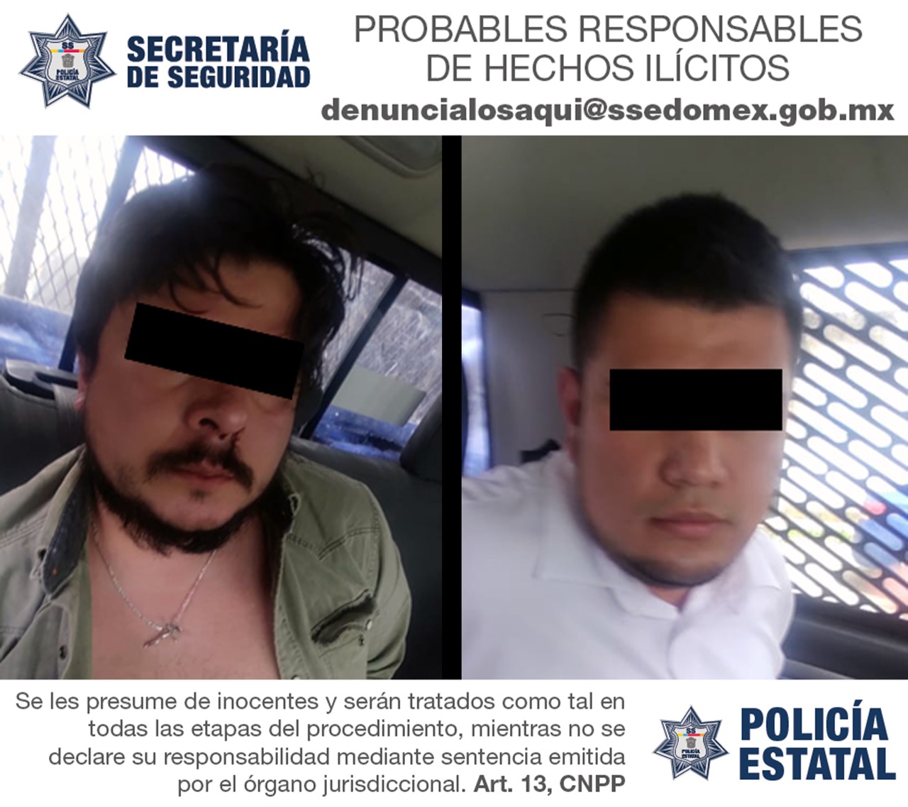 Secretaría de seguridad detiene a dos hombres posiblemente implicados en los delitos de extorsión y uso indebido de insignias