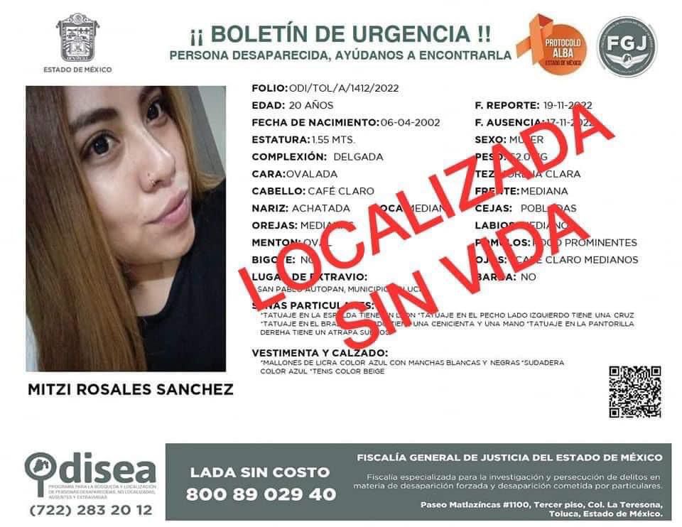 Identifican a joven hallada en presa de Almoloya de Juárez, estaba desparecida en Toluca.