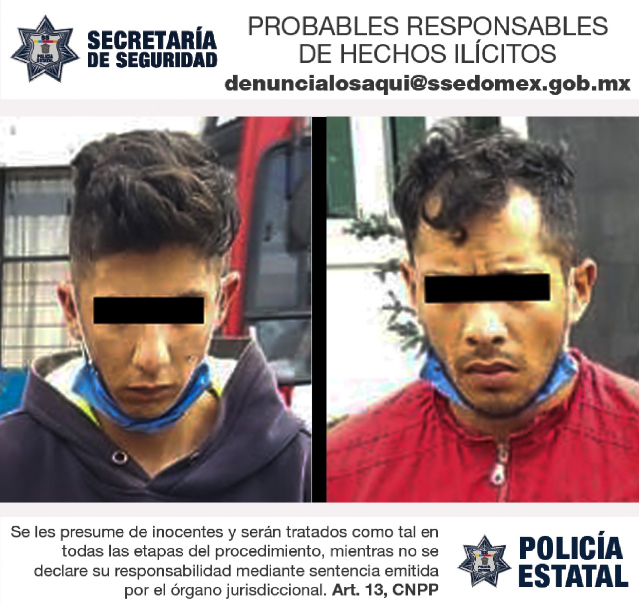 Detienen a dos hombres posibles implicados en el delito de robo con violencia