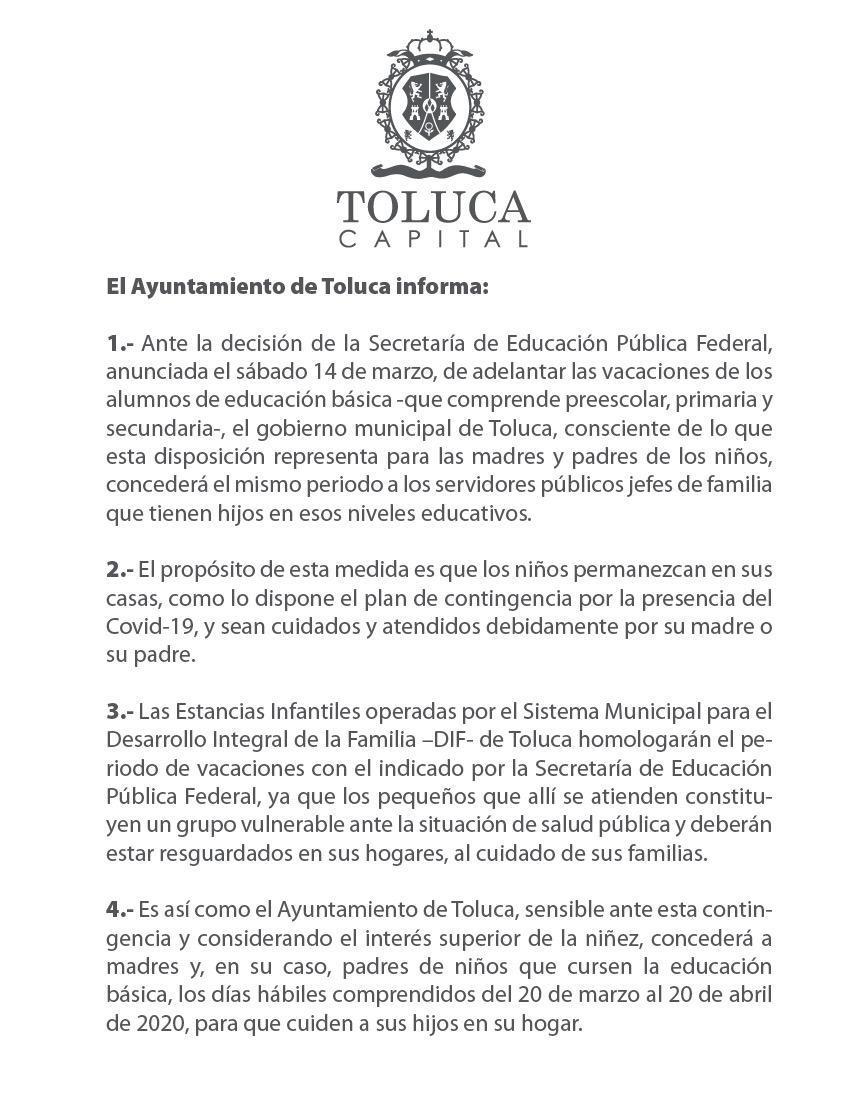 Concederá Toluca, del 20 de marzo al 20 de abril, días hábiles a servidores públicos con hijos en educación básica para que puedan cuidar de ellos en casa