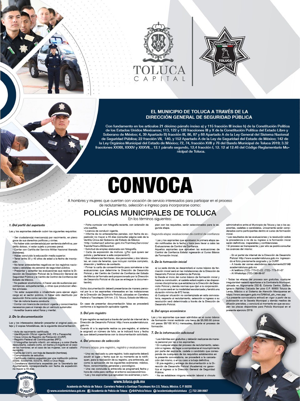 Continúa abierta la convocatoria para Policías Municipales de Toluca